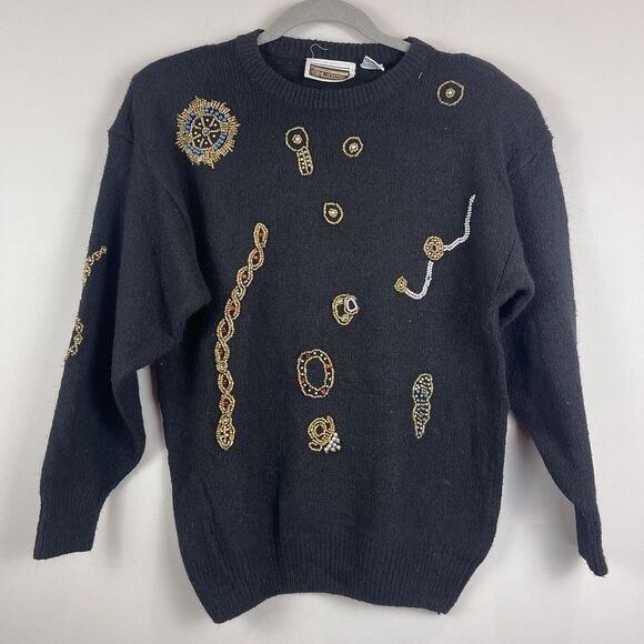 Vintage 90s Black Silk Blend Sweater Multi-Color Beaded Anytime Glitz Small - Picture 1 of 9